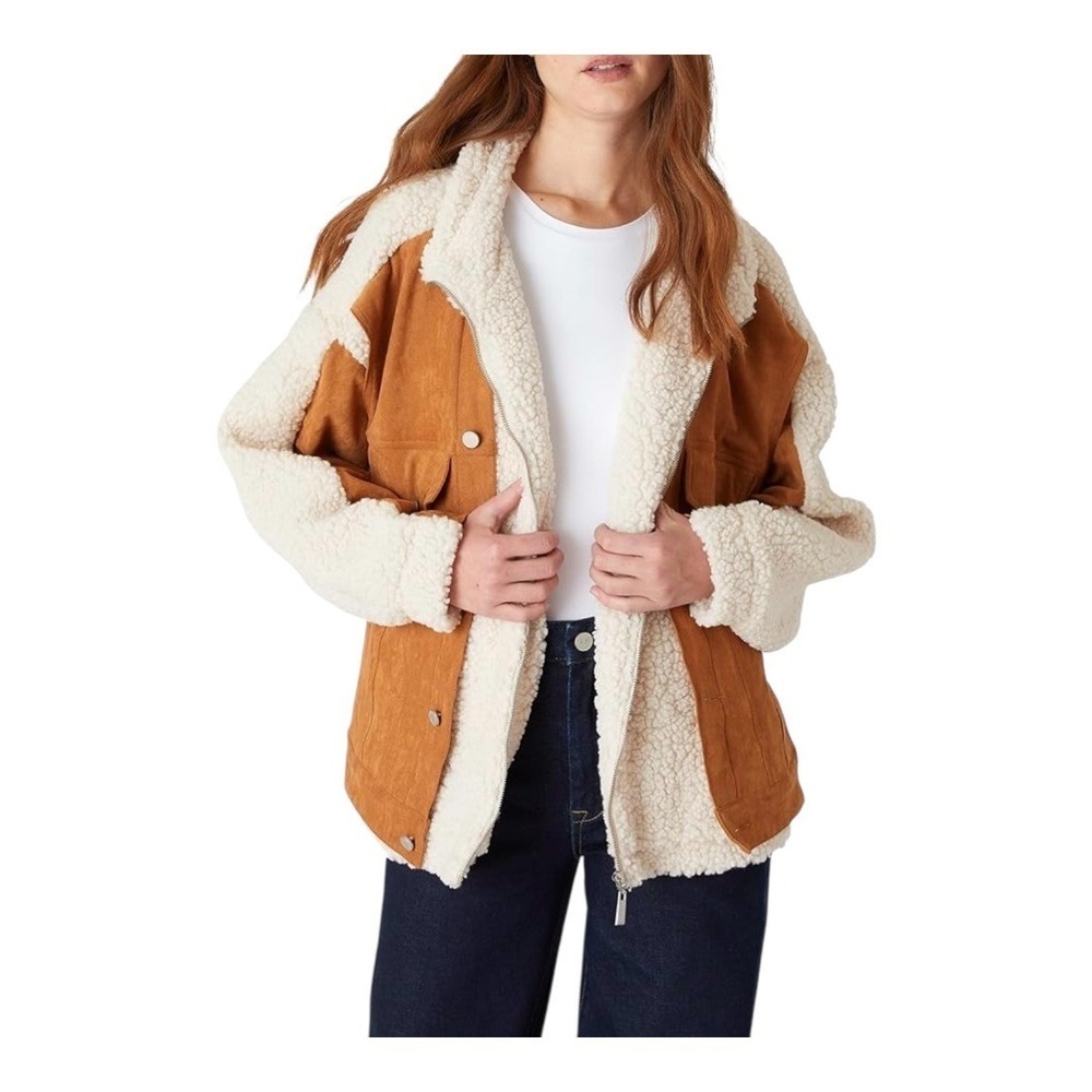 BLANKNYC Faux Suede Sherpa Jacket Womens Large Brown Cream‎ Mixed Media Zip NWT - Picture 15 of 16